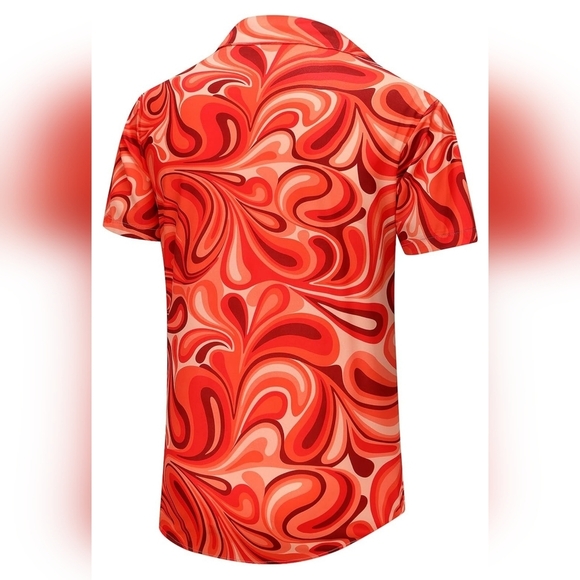 KYKU Men's Button Down Hawaiian Short Sleeve Shirt, One Pocket | Orange & White - Picture 4 of 9